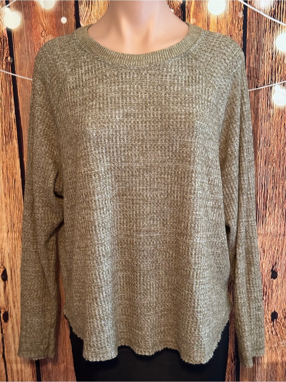 Light Olive Knit Wild Fable Soft Flowy WaffleKnit Crewneck Long Sleeve